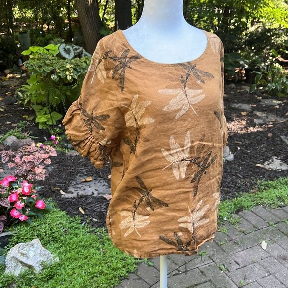 Elena Baldi DragonFly 100% Linen Mustard Yellow Ruffle Sleeve Blouse Small - Picture 2 of 14